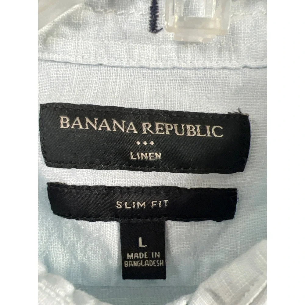 Banana Republic Shirt Men Large Blue Slim Fit Linen Blend Short Sleeve Button Up